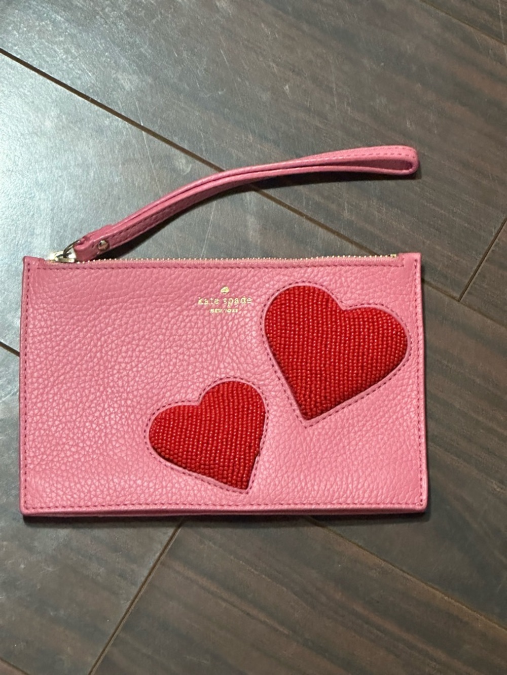 Kate Spade Mini Wristlet Pink Leather Red Beaded Hearts On Purpose Like New